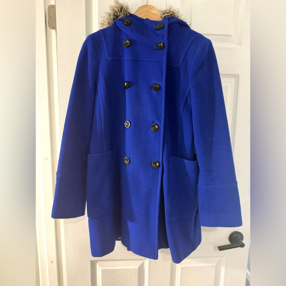 Lands End Cobalt Blue Wool Parka Pea Coat Fur Trim Hood size 6